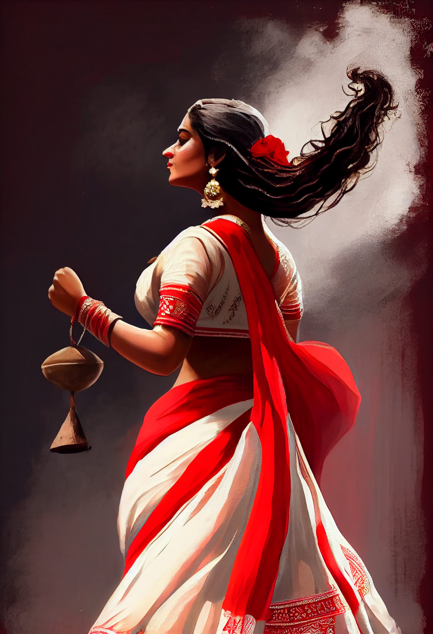 Graceful Moves: A Stunning Art Print of a Bengali Girl Dancing in a Red and White Saree
