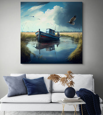Serene Waters: Art Print of a Boat in a Pond with a Flying Crane, Perfect for Living Room and Office Wall Decor