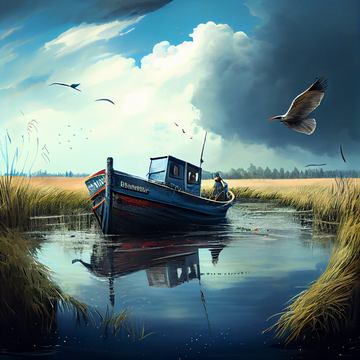 Serene Waters: Art Print of a Boat in a Pond with a Flying Crane, Perfect for Living Room and Office Wall Decor
