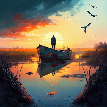 Tranquil Sunset: Fisherman on a Boat Art Print, Ideal for Living Room, Bedroom, and Office Wall Decor