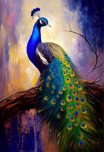 Regal Beauty: A Vibrant Color Art Print of a Peacock Perched on a Branch