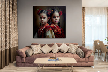 "Sisters in Tradition: A Beautiful Art Print of Two Little Indian Girls in Red and White"