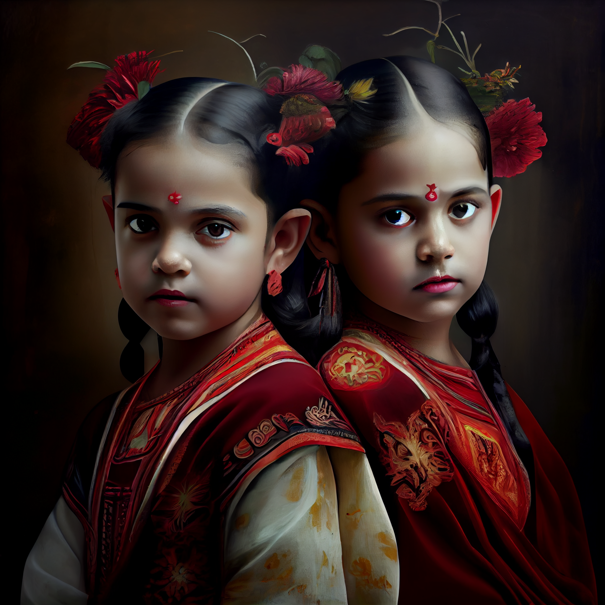 "Sisters in Tradition: A Beautiful Art Print of Two Little Indian Girls in Red and White"