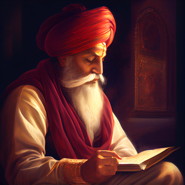 Divine Enlightenment: A Captivating Oil Paint Print of Guru Nanak Dev Reading, Ideal for Living Room, Bedroom, and Office Wall Decor