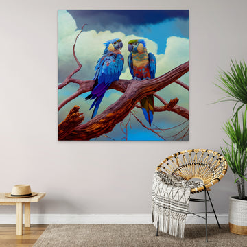 Paradise Perch: A Stunning Painting Print of Two Wild Parrots on a Branch, Ideal for Living Room, Office, and Bedroom Decor