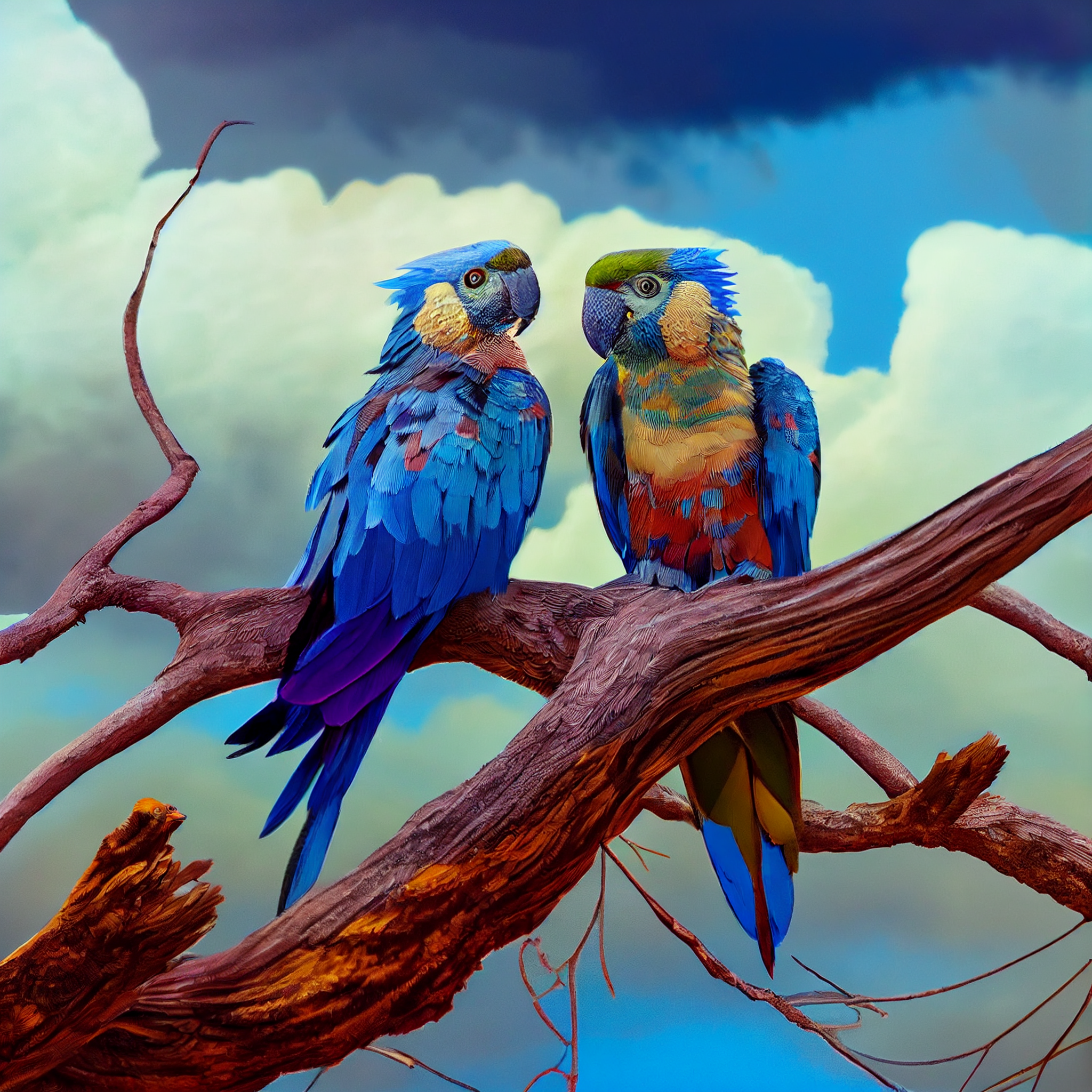 Paradise Perch: A Stunning Painting Print of Two Wild Parrots on a Branch, Ideal for Living Room, Office, and Bedroom Decor