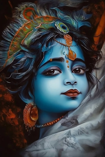 Divine Brilliance: Captivating Baal Krishna Oil Painting Print with Blue Face