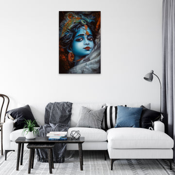 Divine Brilliance: Captivating Baal Krishna Oil Painting Print with Blue Face