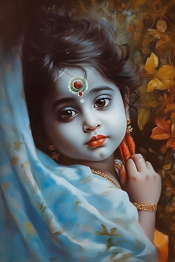 Eternal Beauty: Baal Krishna Oil Painting Print Featuring Enchanting Eyes
