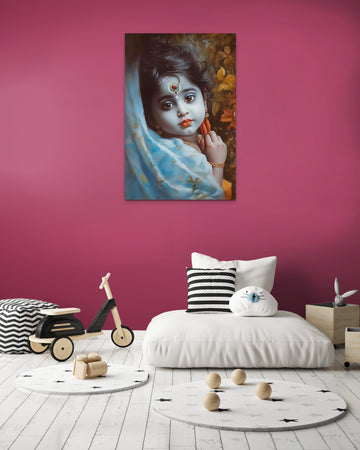 Eternal Beauty: Baal Krishna Oil Painting Print Featuring Enchanting Eyes