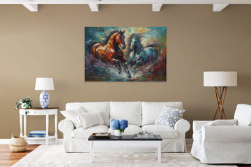 Dynamic Duo: A Striking Abstract Color Print of Two Majestic Horses