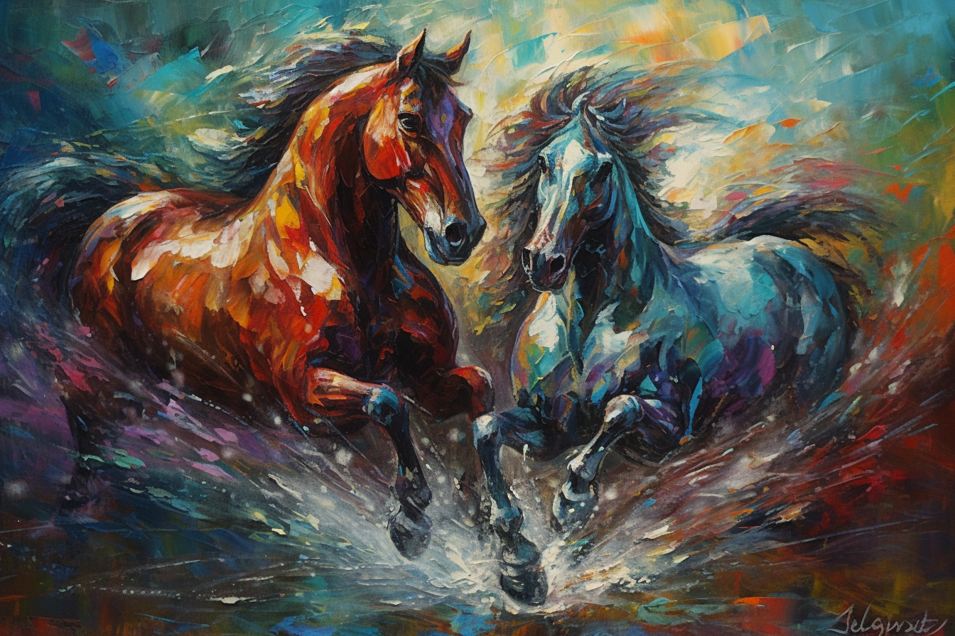 Dynamic Duo: A Striking Abstract Color Print of Two Majestic Horses