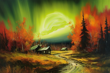 Enchanting Aurora: A Stunning Print of Northern Lights Amidst a Forest Wonderland