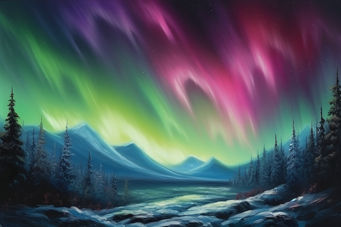 Captivating Print: A Beautiful Snow-Covered Landscape Illuminated by the Northern Lights