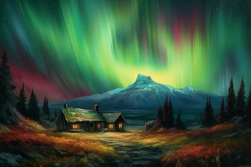 Aurora's Majesty: Stunning Mountain Landscape Painting Print with Breathtaking Northern Lights