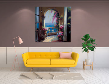 Seaside Serenity Print: Scenery Painting Print of a Balcony Adorned with Flowers and Sea View in Oil Colors