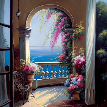 Seaside Serenity Print: Scenery Painting Print of a Balcony Adorned with Flowers and Sea View in Oil Colors