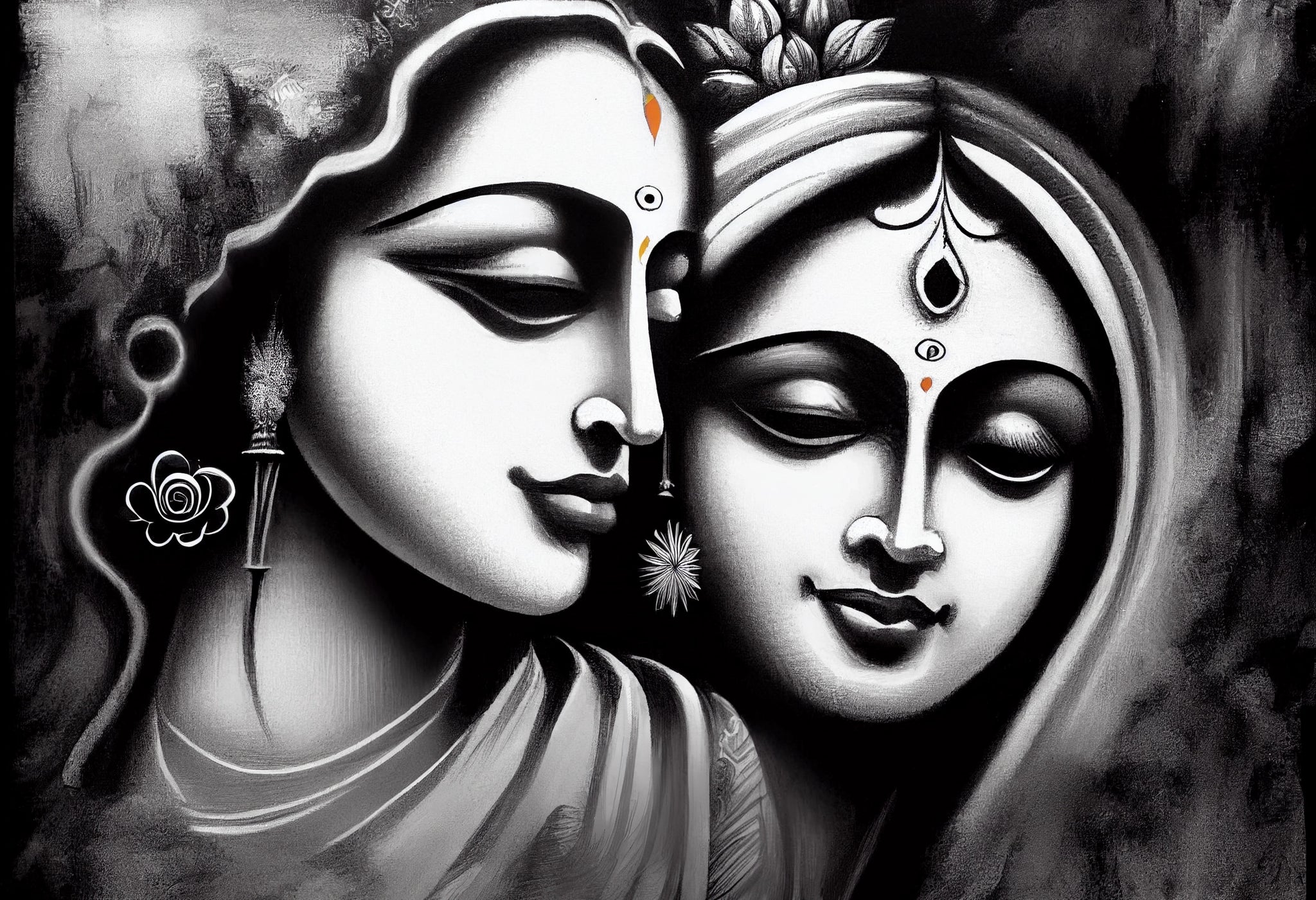 Love in Monochrome: Black and White Pencil Art Print of Radha and Krishna with an Orange Bindi