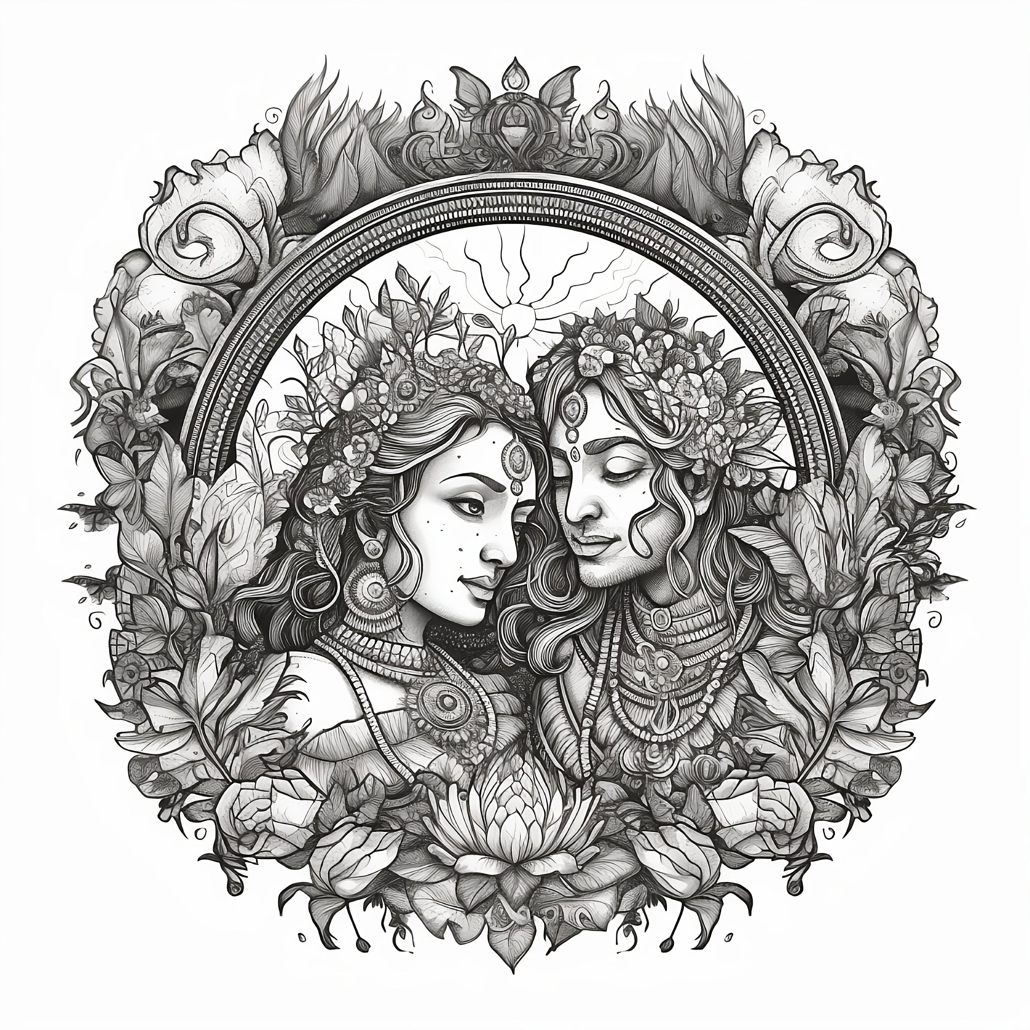 Divine Love in Zoodle Art: Detailed Black and White Sketch Print of Radha Krishna