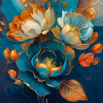 "Teal Blue & Gold Orange Flowers Oil Painting Print"