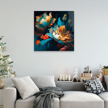 Teal Blue & Gold Orange Flowers Oil Painting Print for Living Room Wall Decor
