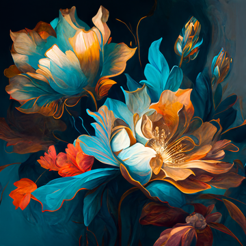 Teal Blue & Gold Orange Flowers Oil Painting Print for Living Room Wall Decor