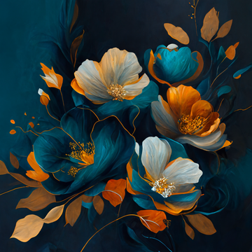 "Mystical Teal Blue & Gold Orange Flowers Oil Painting Print"