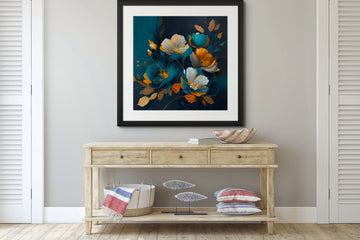 "Mystical Teal Blue & Gold Orange Flowers Oil Painting Print"