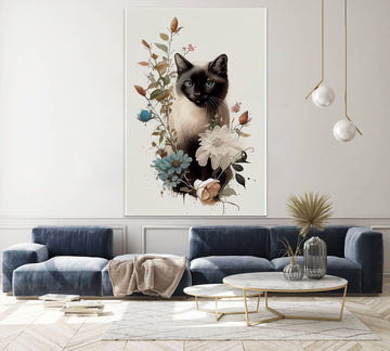 Flower Crown Feline: A Whimsical Art Print of a Cat Adorned with Flowers