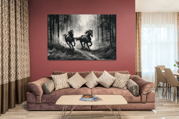 A Charcoal Print of Two Majestic Horses Galloping through the Forest