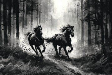 A Charcoal Print of Two Majestic Horses Galloping through the Forest