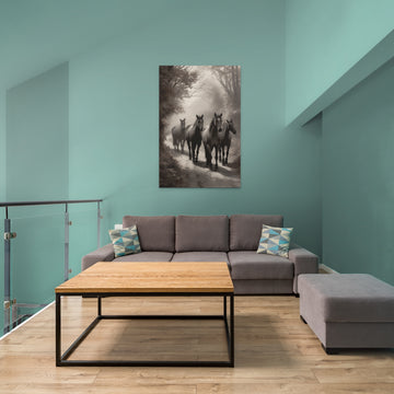 A Captivating Charcoal Print of Four Majestic Horses on a Breathtaking Scenic Route