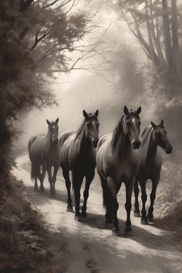 A Captivating Charcoal Print of Four Majestic Horses on a Breathtaking Scenic Route