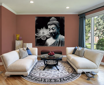 Transcendent Serenity: A Contemporary Charcoal Portrait Print of Buddha with a White Lotus and Blue Accents