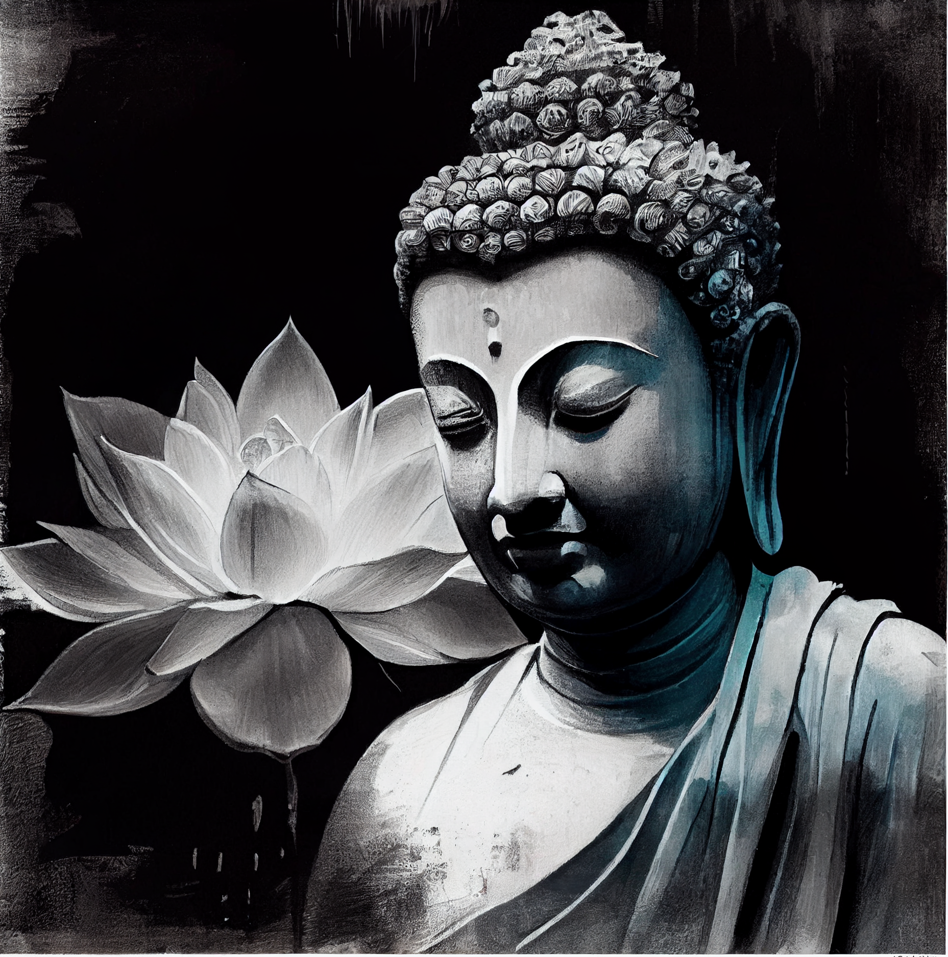 Transcendent Serenity: A Contemporary Charcoal Portrait Print of Buddha with a White Lotus and Blue Accents