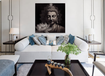 Enlightened Blossom: A Charcoal Portrait Print of Buddha's Serene Visage Adorned with a White Lotus Flower