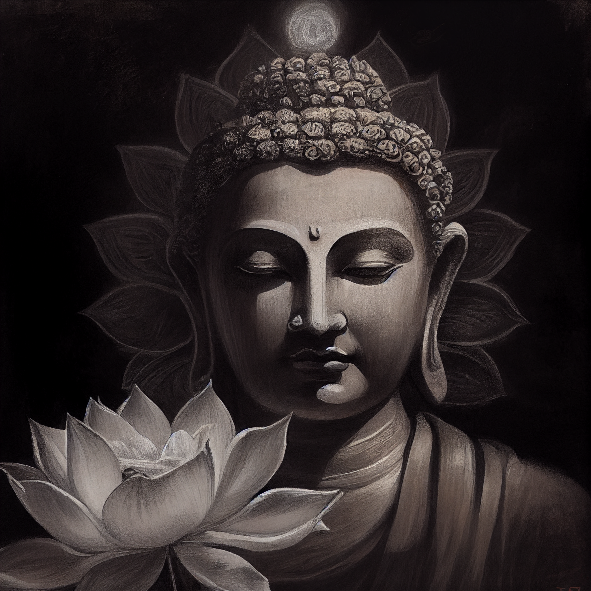 Enlightened Blossom: A Charcoal Portrait Print of Buddha's Serene Visage Adorned with a White Lotus Flower
