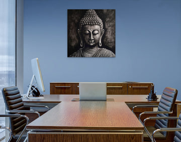 A Stunning Gautam Buddha Charcoal Sketch Print on a Bold Black Background