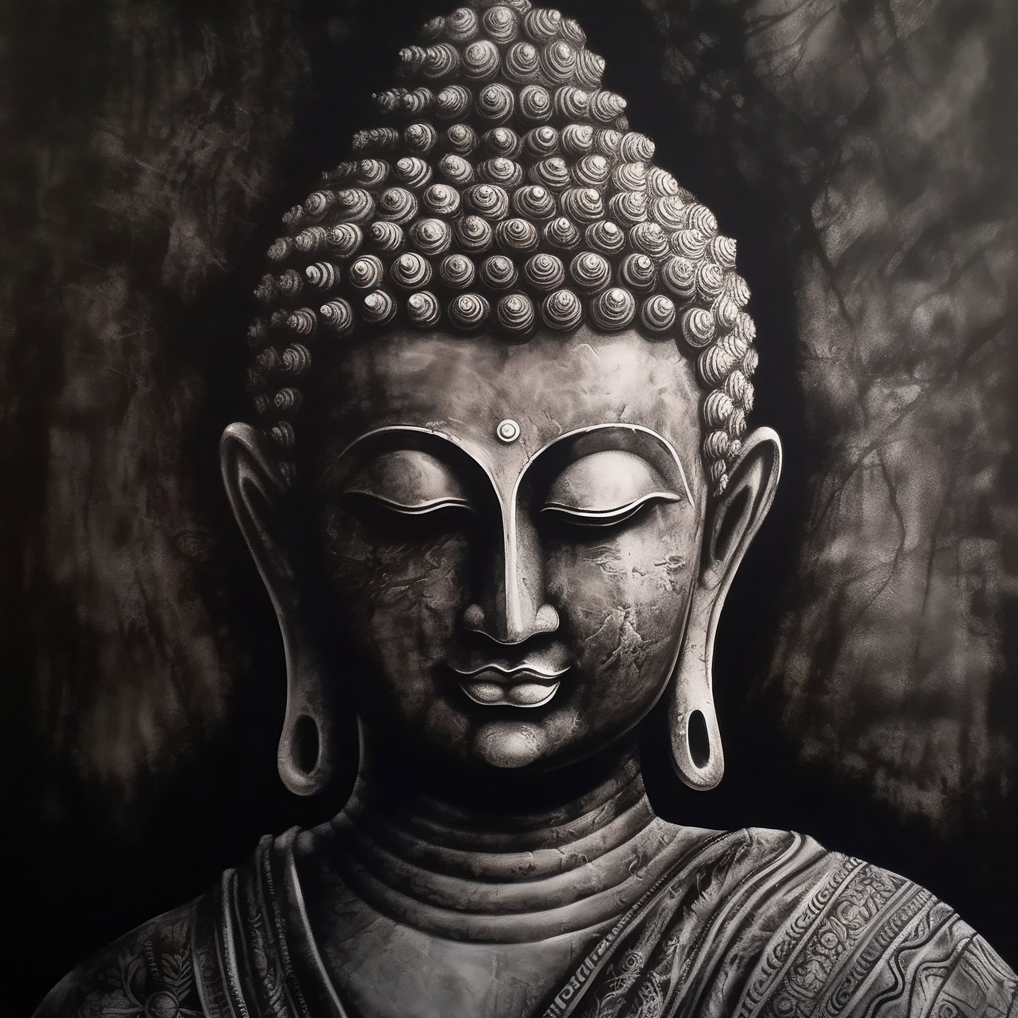 A Stunning Gautam Buddha Charcoal Sketch Print on a Bold Black Background