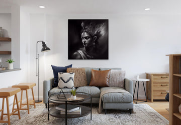 Divine Beauty Unveiled: Charcoal Sketch Print of Lord Krishna on a Striking Black Background