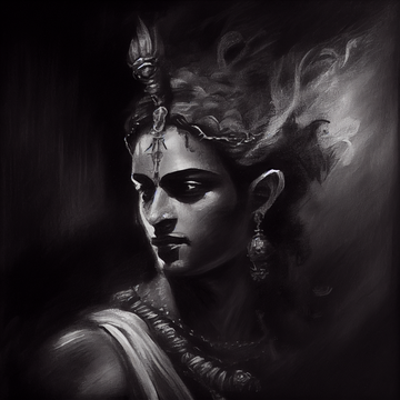 Divine Beauty Unveiled: Charcoal Sketch Print of Lord Krishna on a Striking Black Background