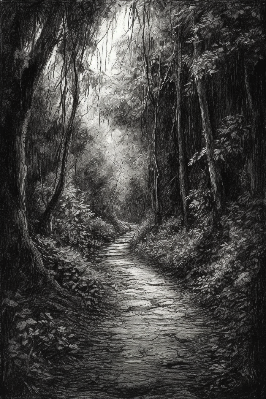 Enchanting Pathways: A Beautiful Charcoal Sketch Pint of a Serene Forest Lane