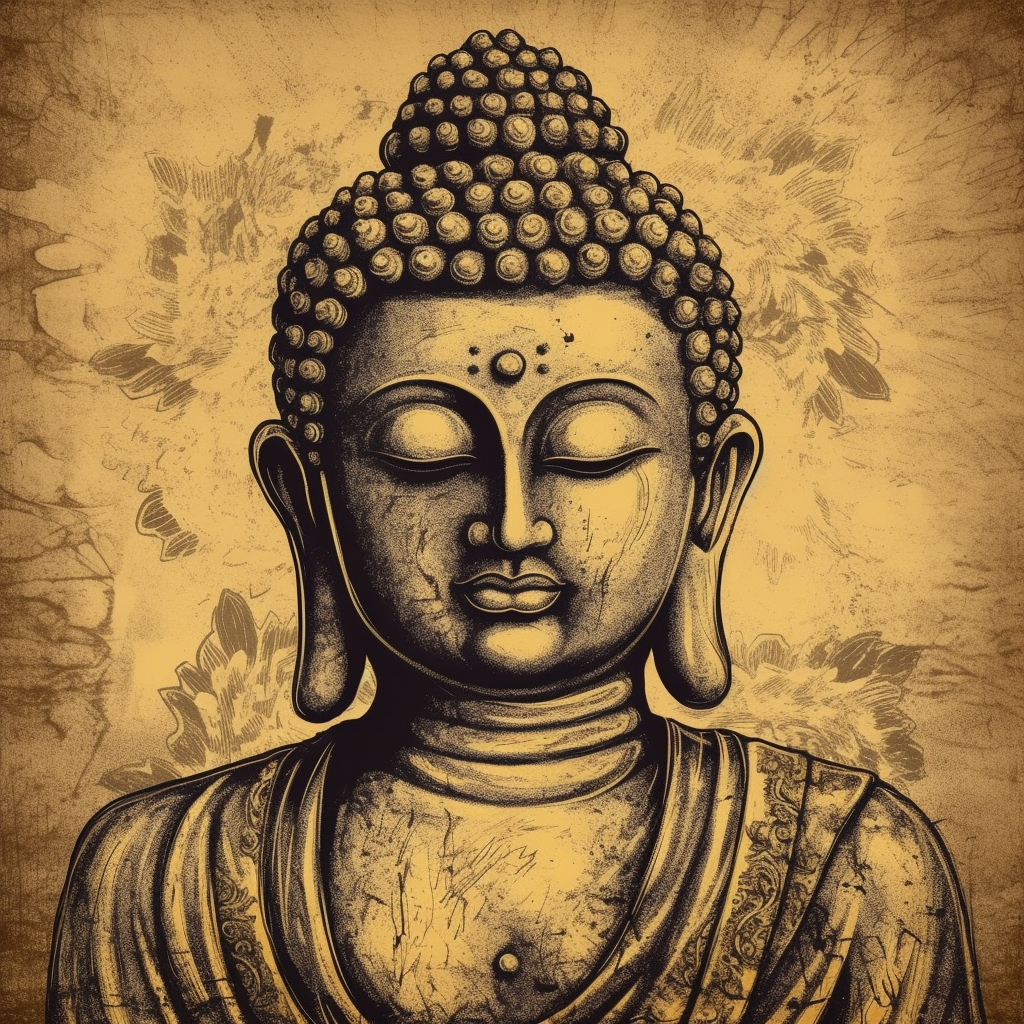 Transcendence in Charcoal: Captivating Buddha Sketch Print on Mustard Background