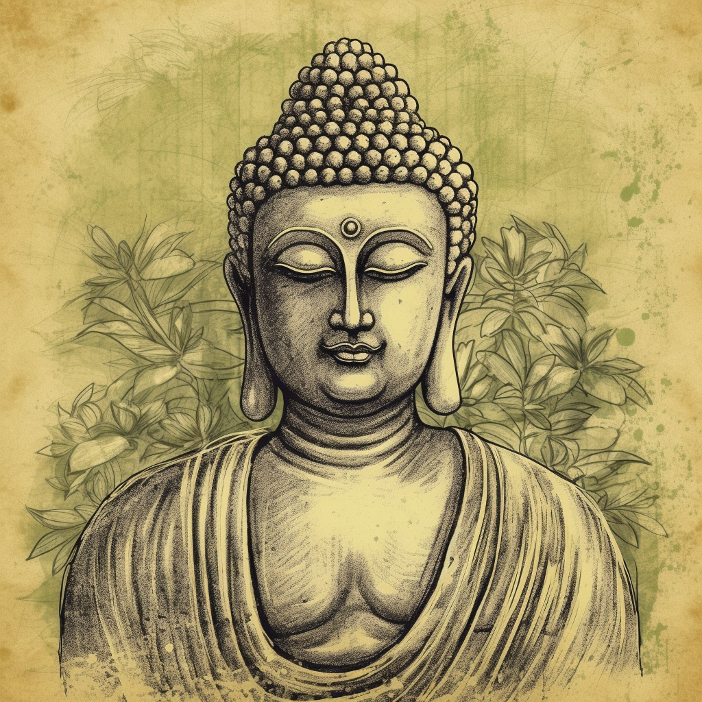 Serene Enlightenment: Charcoal Sketch Print of Lord Buddha on a Vibrant Lime Background