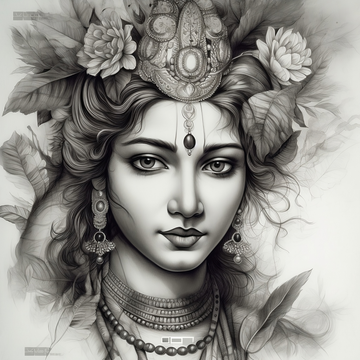 Capturing the Radiant Spirit of Lord Krishna in Pencil Sketch Portrait Print