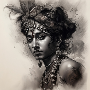 Divine Monochrome: A Striking Charcoal Sketch Print of Lord Krishna on White Background