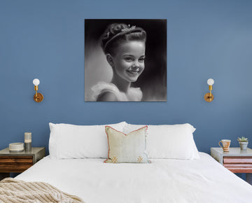 Crowned with Joy: A Charcoal Sketch Print of a Happy Young Girl with a Tiara and Top Hair Bun