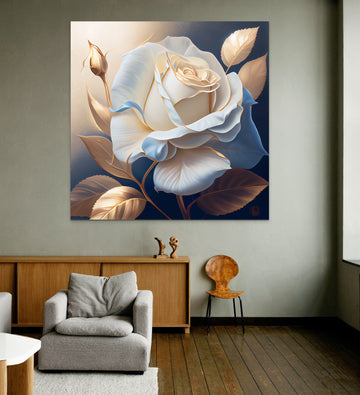 A Close-Up Oil Painting Print of a White Rose with Gold Leaf and Blue Hour Lighting on an Off-White Background