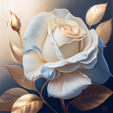 A Close-Up Oil Painting Print of a White Rose with Gold Leaf and Blue Hour Lighting on an Off-White Background