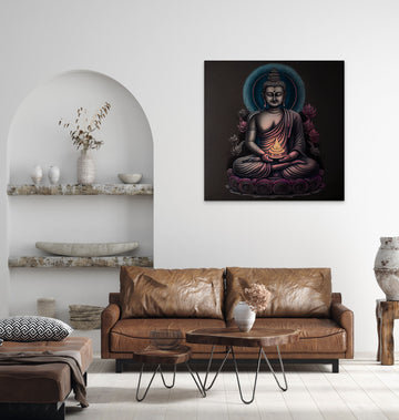 Divine Serenity: A Colored Pencil Sketch Print of Lord Buddha with Om on Grey Background